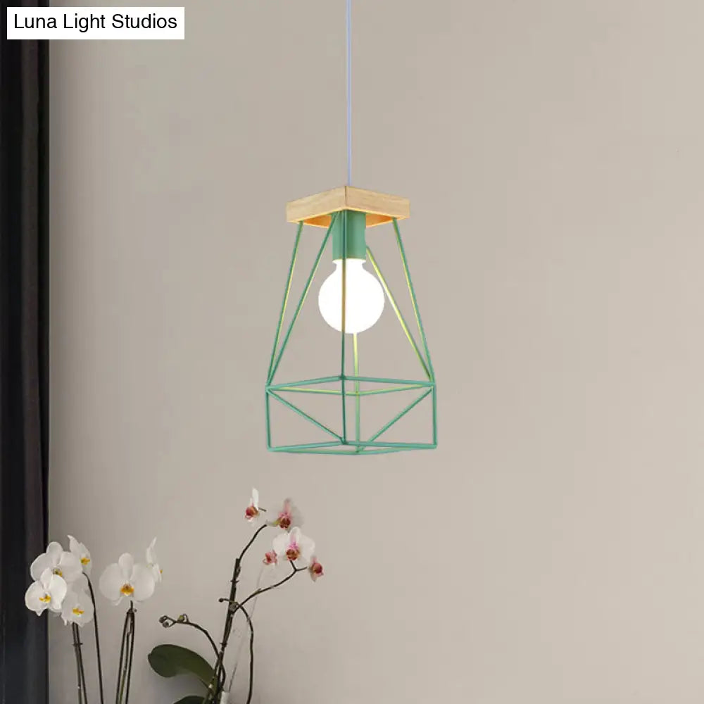 Modern Nordic Pendant Light - Metal Cage Shade 1 Head Ceiling Fixture In Black/Blue