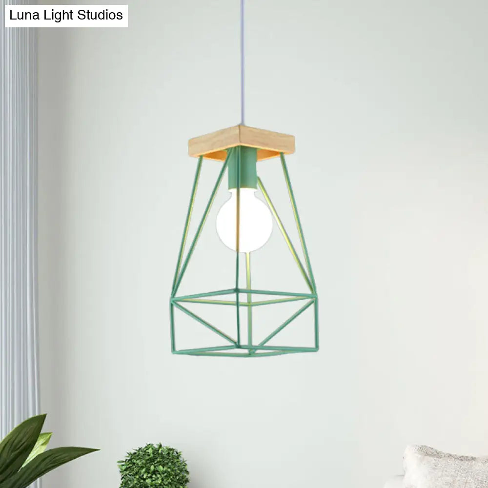 Modern Nordic Metal Cage Shade Pendant Light - Black/Blue Green