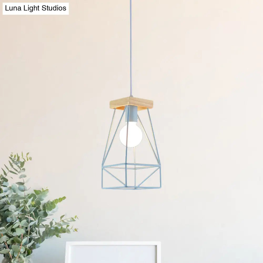 Modern Nordic Pendant Light - Metal Cage Shade 1 Head Ceiling Fixture In Black/Blue