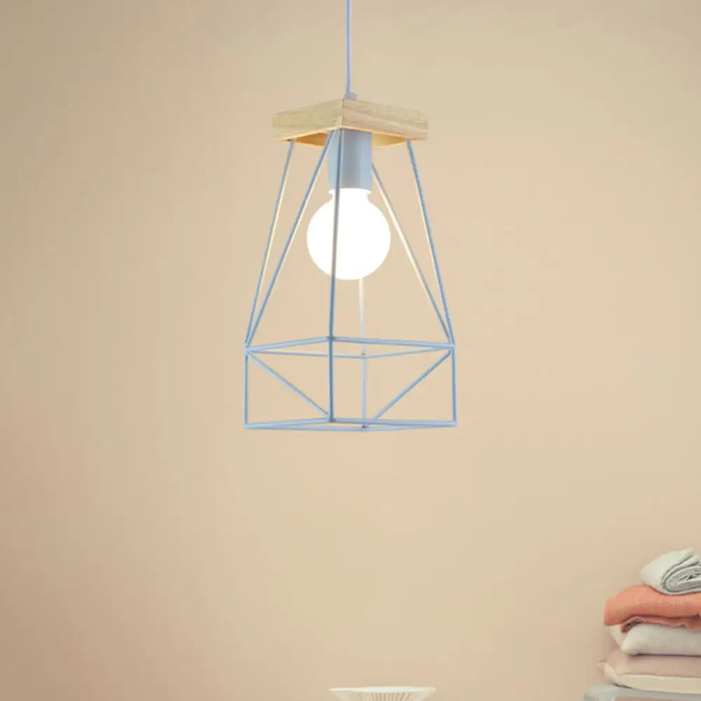 Modern Nordic Pendant Light - Metal Cage Shade 1 Head Ceiling Fixture In Black/Blue Blue