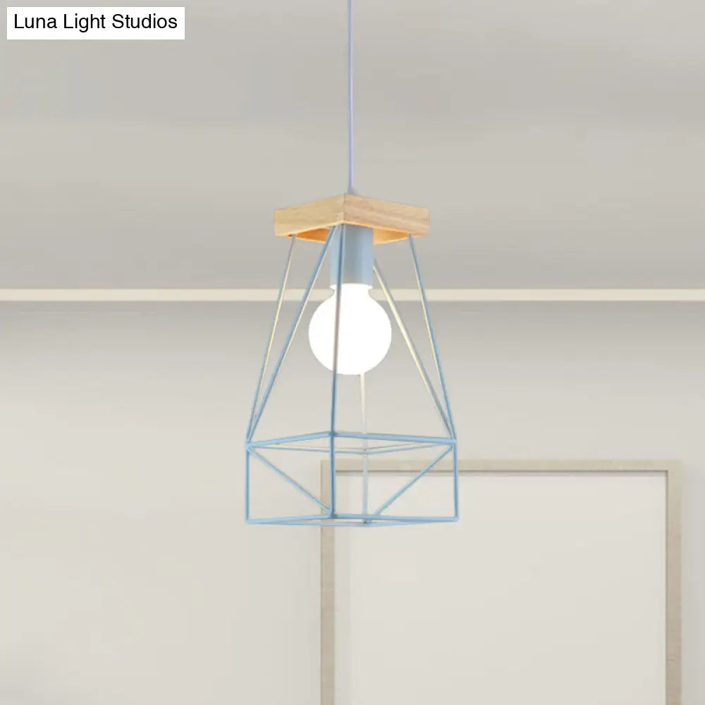 Modern Nordic Pendant Light - Metal Cage Shade 1 Head Ceiling Fixture In Black/Blue