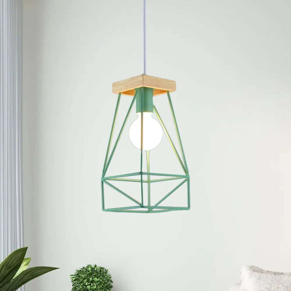 Modern Nordic Pendant Light - Metal Cage Shade 1 Head Ceiling Fixture In Black/Blue Green