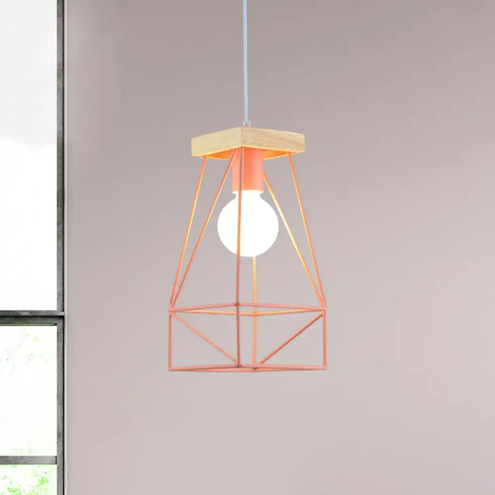 Modern Nordic Pendant Light - Metal Cage Shade 1 Head Ceiling Fixture In Black/Blue Pink