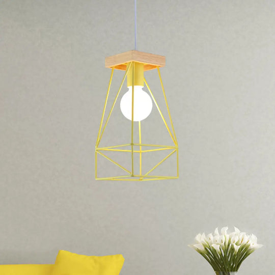 Modern Nordic Pendant Light - Metal Cage Shade 1 Head Ceiling Fixture In Black/Blue Yellow