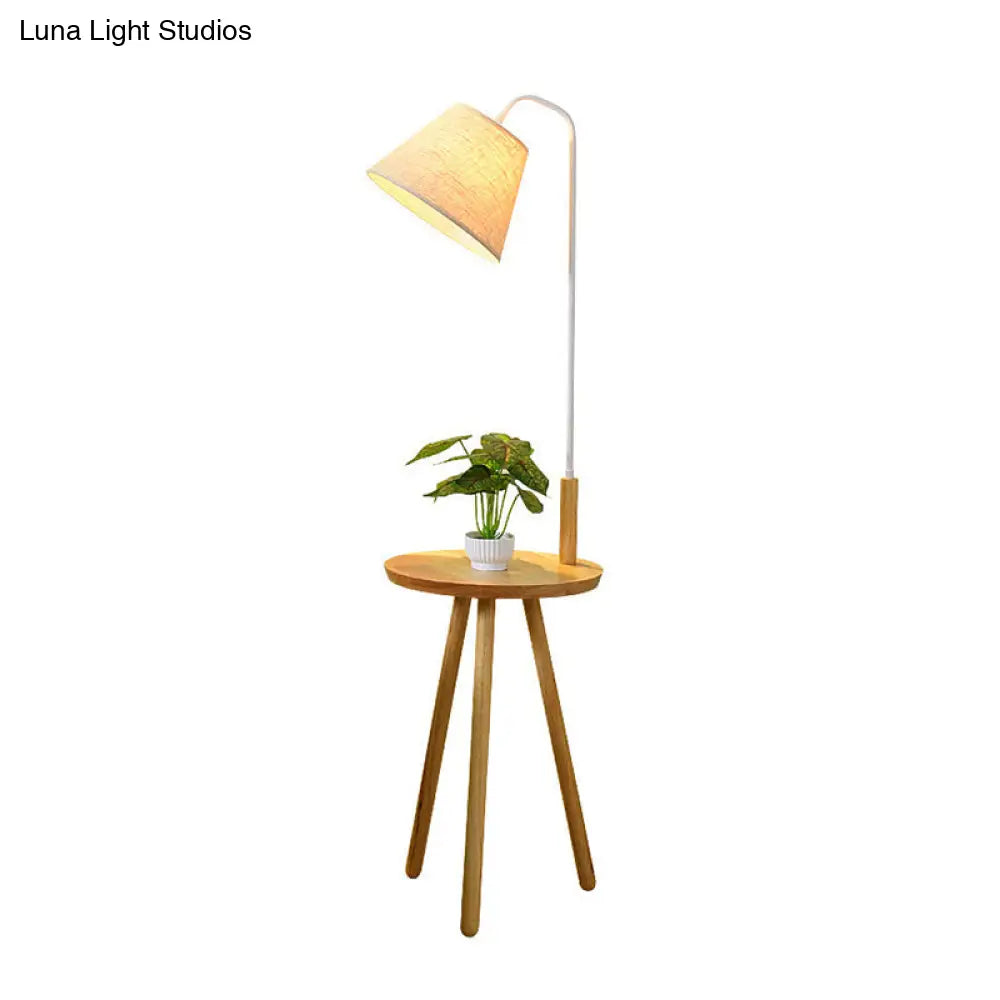 Modern Nordic Stand Up Floor Lamp With Wooden Tray - White Fabric Shade