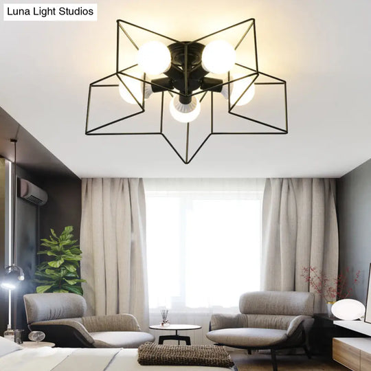 Modern Nordic Star Cage Ceiling Fixture - 5-Light Metal Flush Mount For Living Room Black