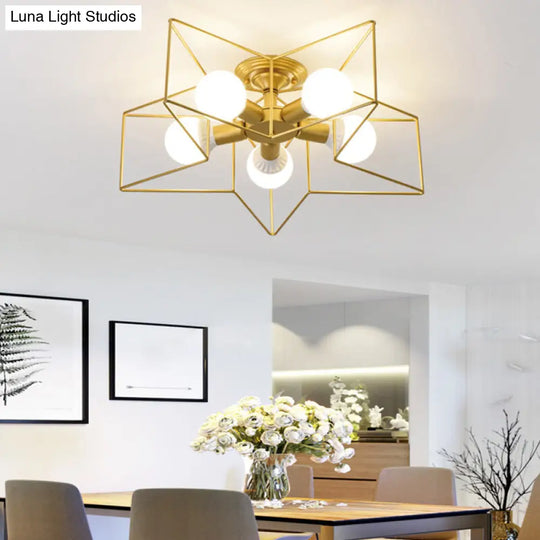 Modern Nordic Star Cage Ceiling Fixture - 5-Light Metal Flush Mount For Living Room Gold