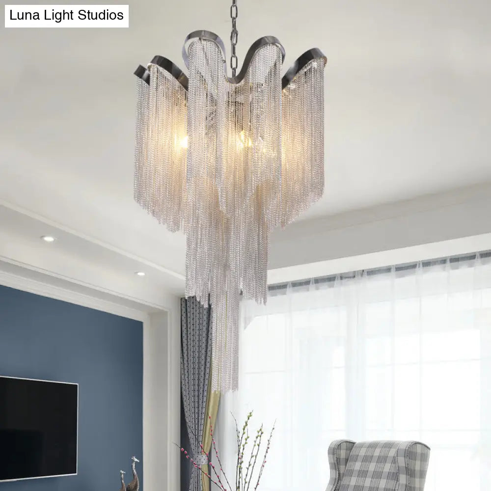 Modernist Nordic Style Silver Tassel Chandelier - 4-Light Ceiling Fixture