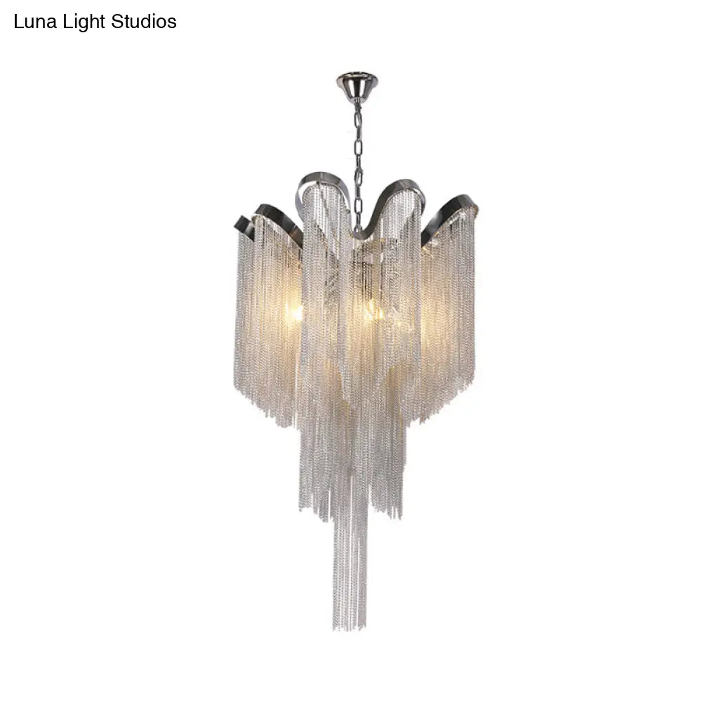 Modern Nordic Style Silver Chandelier With Tassel Metal Accents - 4-Light Hanging Ceiling Fixture