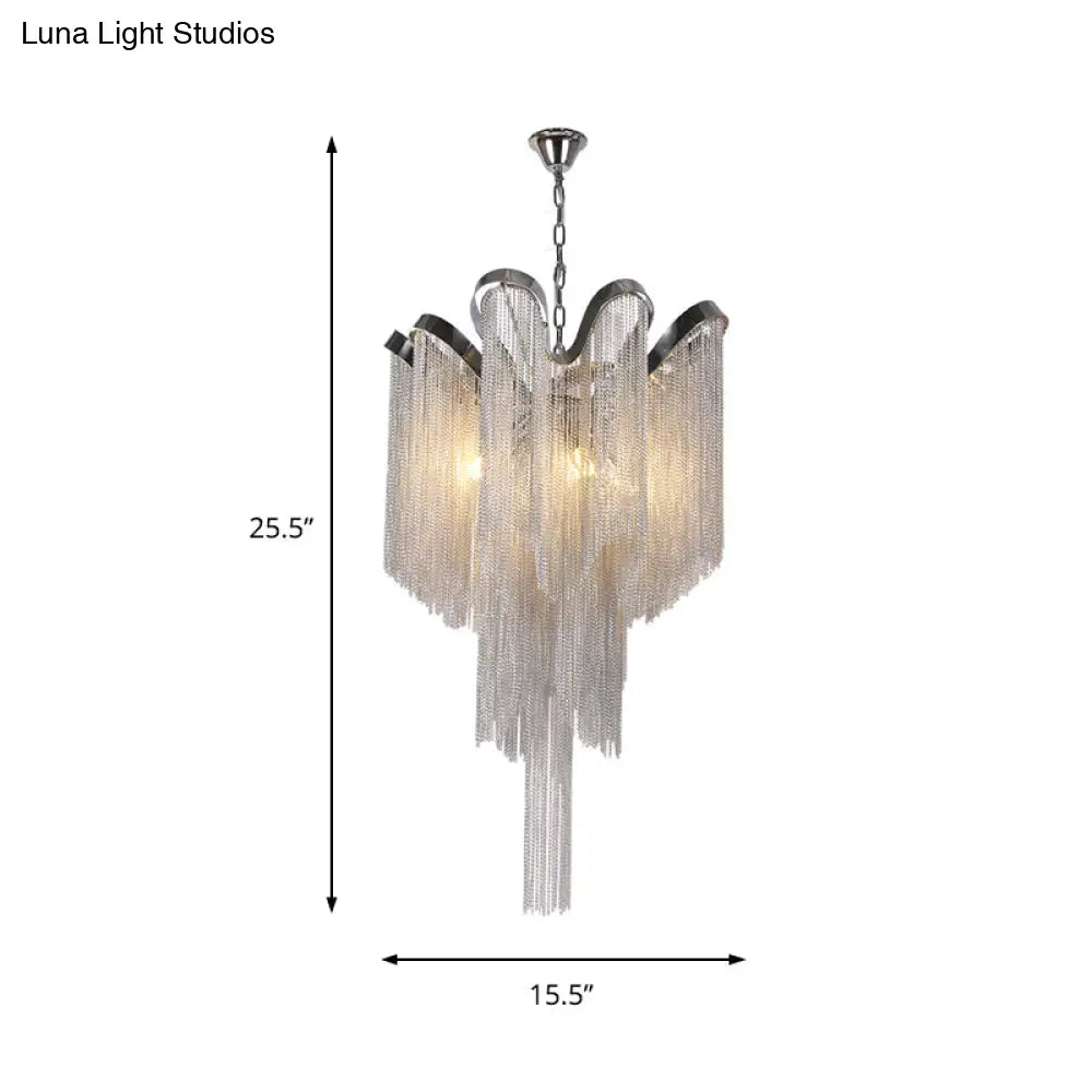 Modern Nordic Style Silver Chandelier With Tassel Metal Accents - 4-Light Hanging Ceiling Fixture