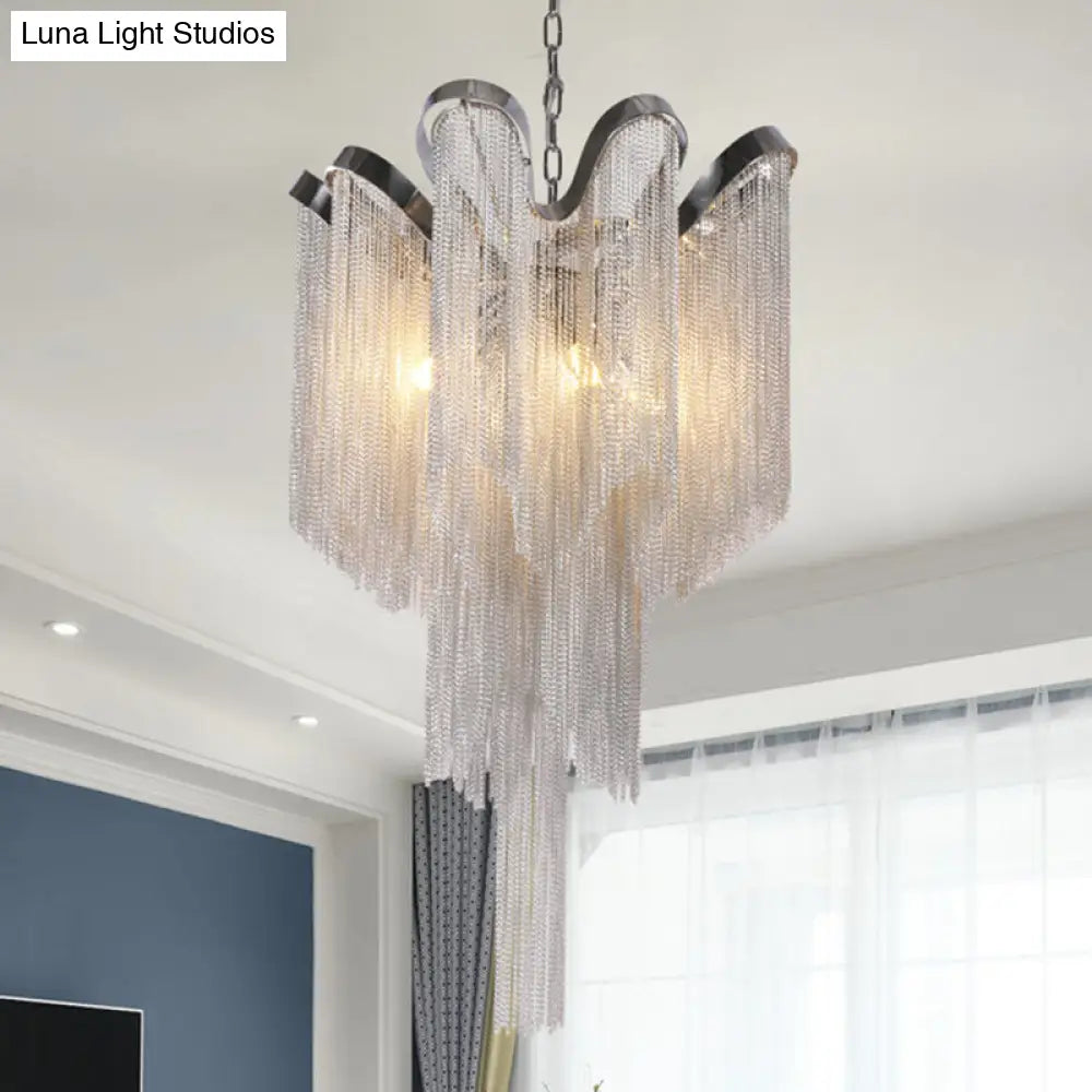 Modern Nordic Style Silver Chandelier With Tassel Metal Accents - 4-Light Hanging Ceiling Fixture