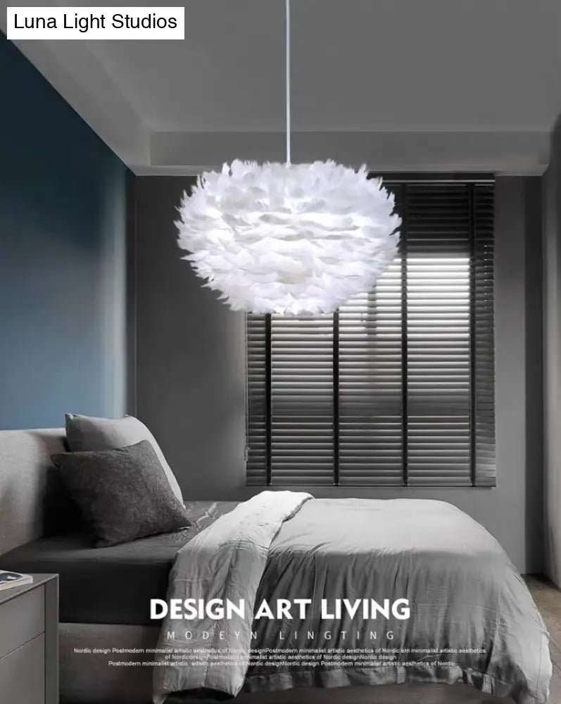 Modern Nordic White Feather Globe Pendant Light For Bedroom Ceiling