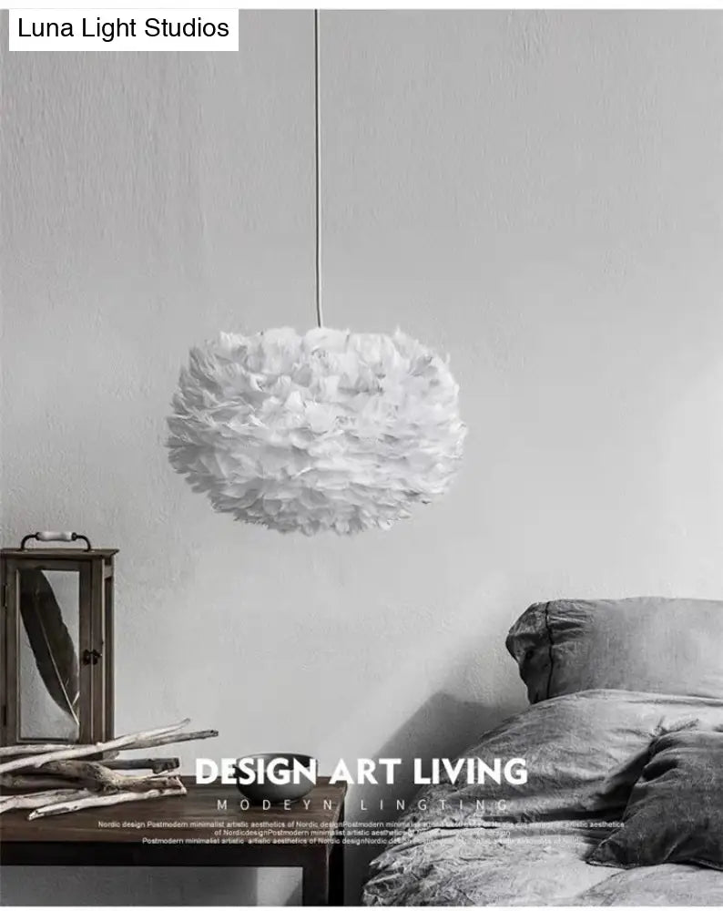 Modern Nordic White Feather Globe Pendant Light For Bedroom Ceiling
