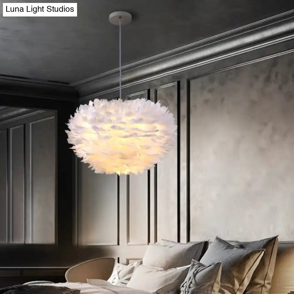 Modern Nordic White Feather Globe Pendant Light For Bedroom Ceiling
