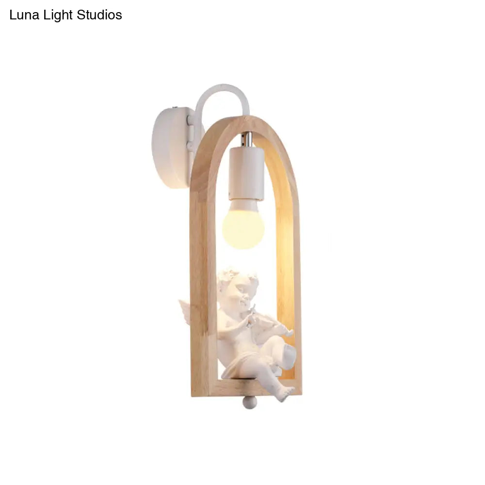 Modern One-Light Wood Arched Wall Lamp For A Childs Bedroom With White Sconce Lighting