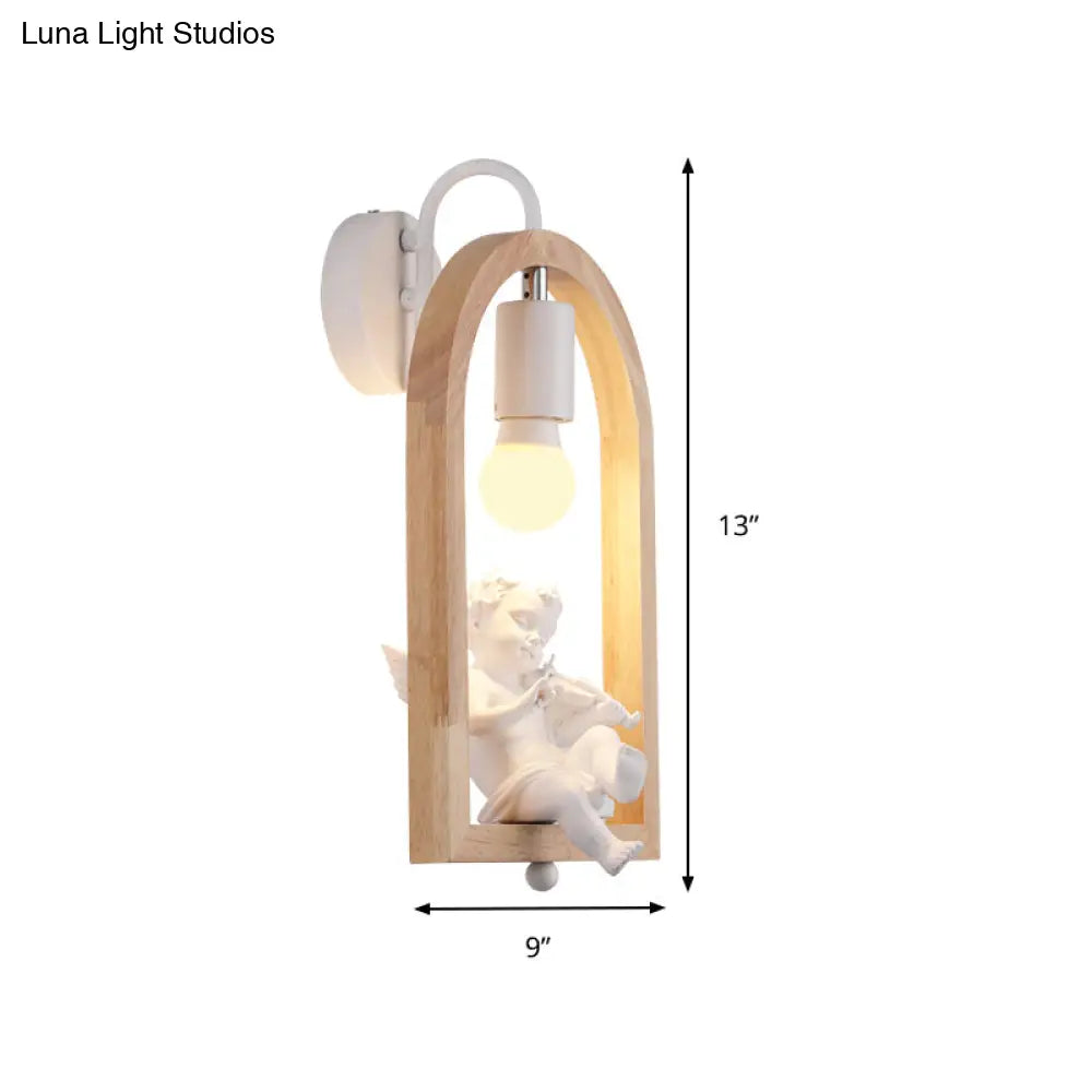 Modern One-Light Wood Arched Wall Lamp For A Childs Bedroom With White Sconce Lighting