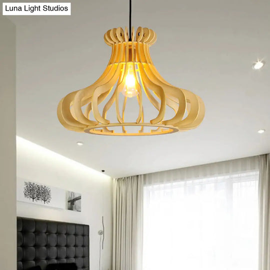 Modern Onion-Shaped Pendant Wood 1-Light Hanging Lamp - Beige