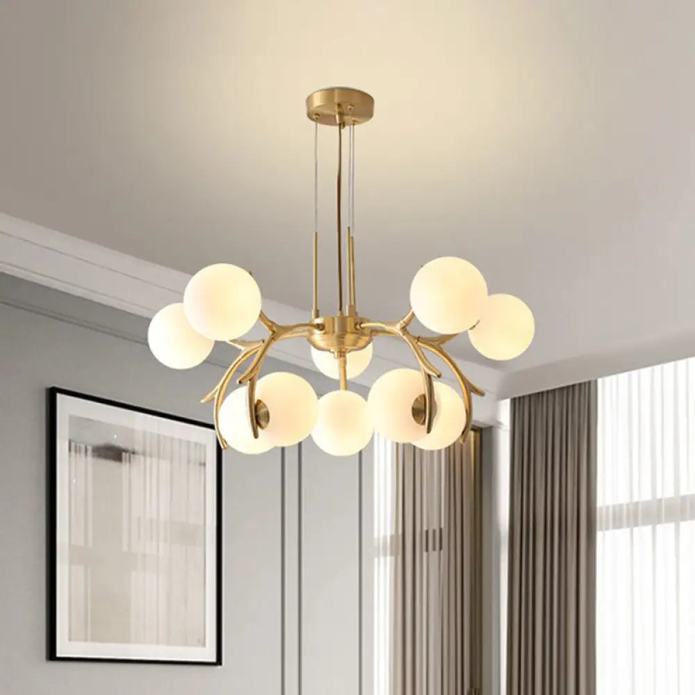 Modern Opal Frosted Glass 10-Head Pendant Chandelier In Gold - Round Hanging Lighting Fixture