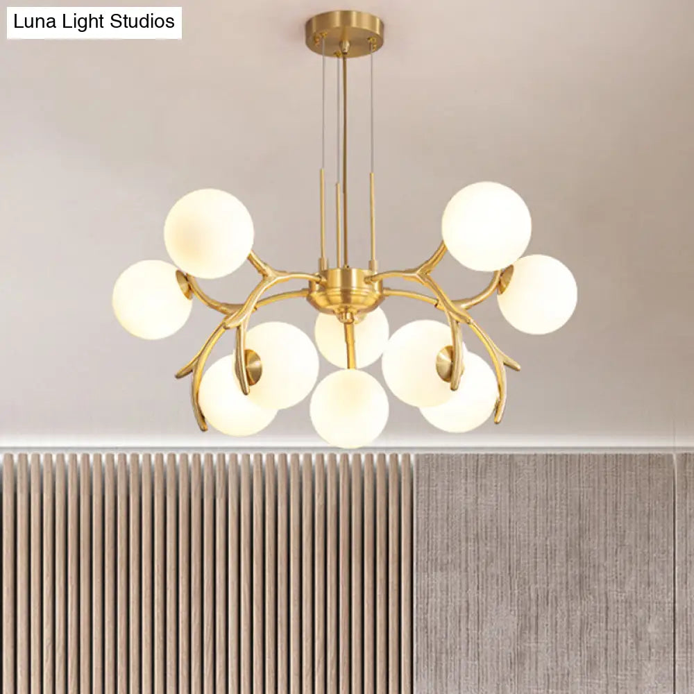 Modern Opal Frosted Glass 10-Head Pendant Chandelier In Gold - Round Hanging Lighting Fixture