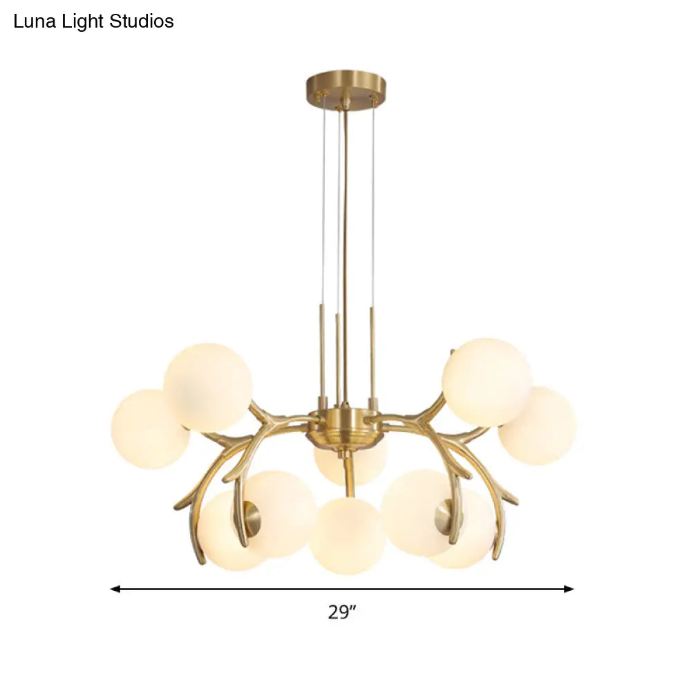 Modern Opal Frosted Glass 10-Head Pendant Chandelier In Gold - Round Hanging Lighting Fixture