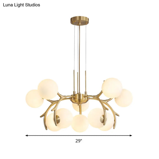 Modern Opal Frosted Glass 10-Head Pendant Chandelier In Gold - Round Hanging Lighting Fixture