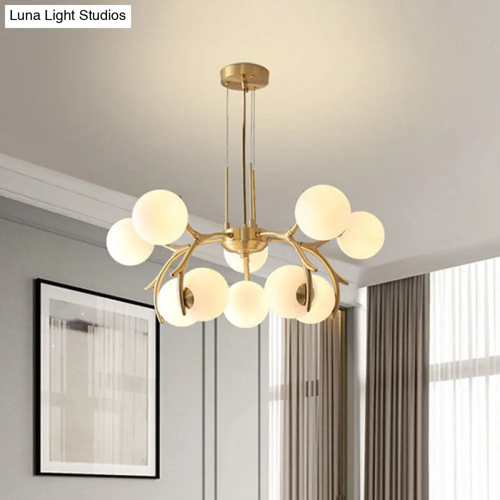 Modern Gold Round Chandelier With Frosted Opal Glass - 10 Head Pendant Light Fixture