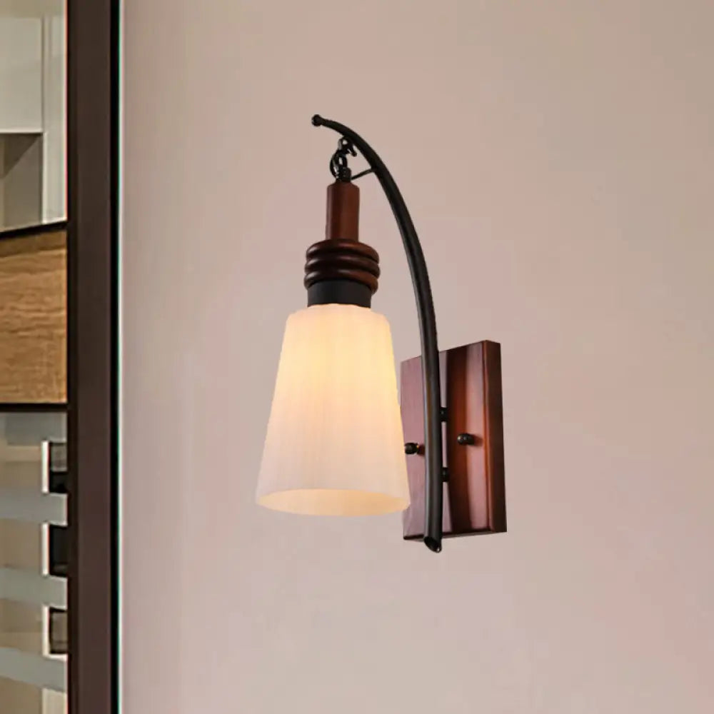 Modern Opal Glass And Wood Wall Mounted Sconce Light - Bedroom Lighting Fixture In Red Brown