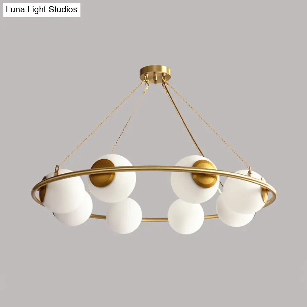 Modern Opal Glass Ball Chandelier - 8-Head Brass Hanging Ceiling Lamp With Elegant Ring Design