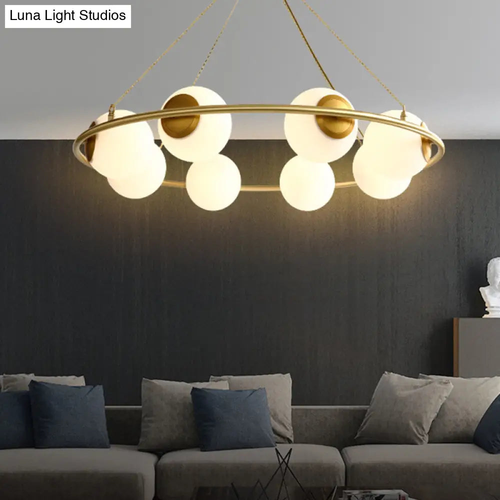 Modern Opal Glass Ball Chandelier - 8-Head Brass Hanging Ceiling Lamp With Elegant Ring Design