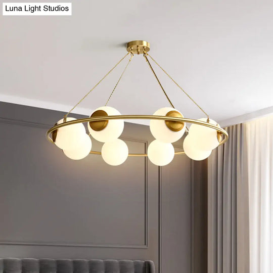 Modern Opal Glass Ball Chandelier - 8-Head Brass Hanging Ceiling Lamp With Elegant Ring Design