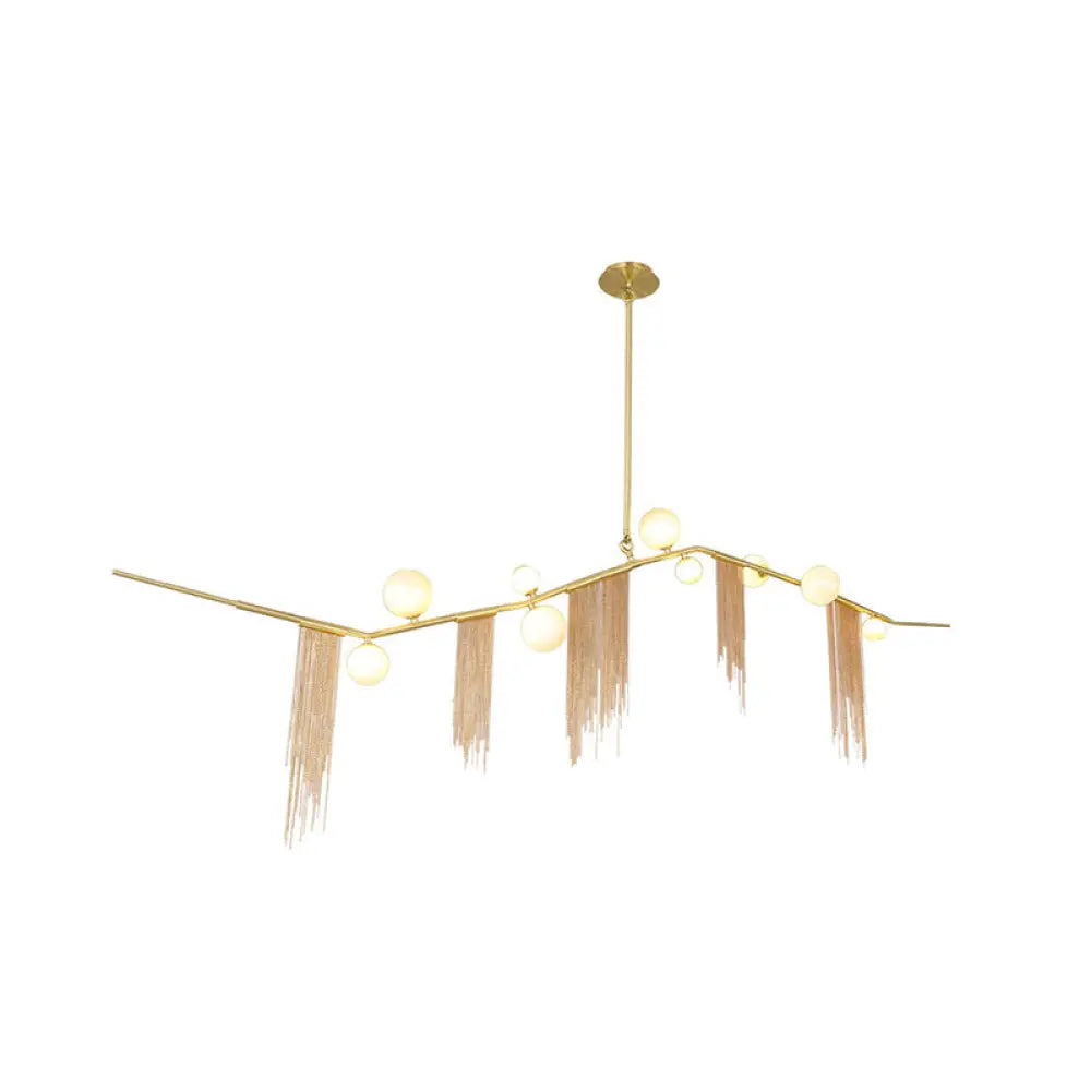 Modern Opal Glass Ball Chandelier Light Kit - 9-Light Drop Pendant In Gold With Tassel Fringe