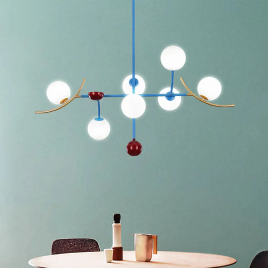 Modern Opal Glass Ball Island Lighting- 7-Light Blue Finish Hanging Lamp Fixture For Dining Room