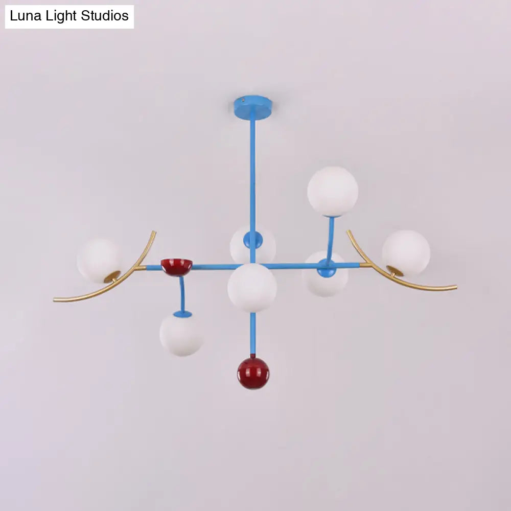 Modern Opal Glass Ball Island Lighting- 7-Light Blue Finish Hanging Lamp Fixture For Dining Room