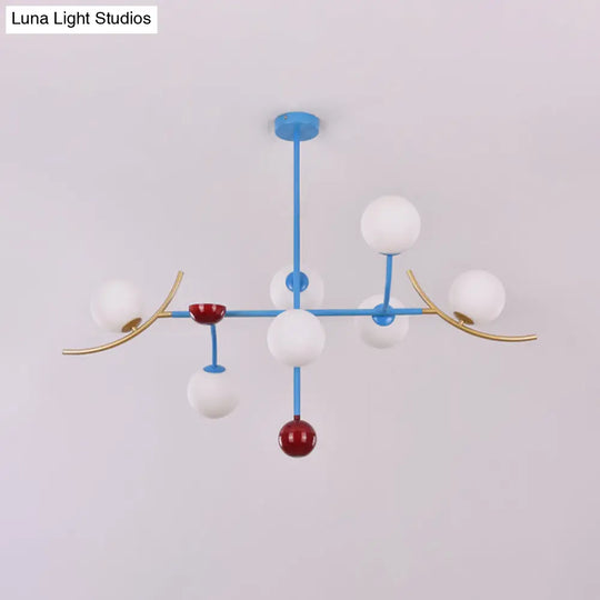 Modern Opal Glass Ball Island Lighting- 7-Light Blue Finish Hanging Lamp Fixture For Dining Room