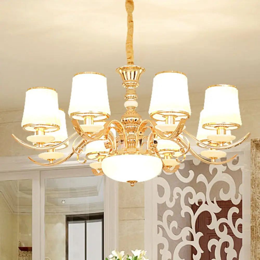 Modern Opal Glass Barrel Chandelier Pendant With Gold Finish And Curving Arm 8 /