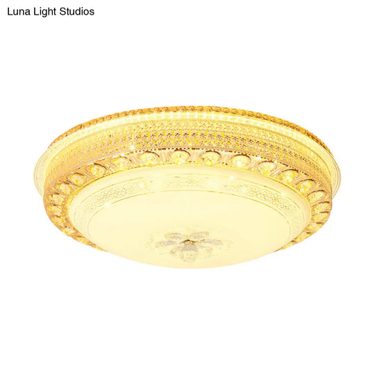 Modern Opal Glass Bowl Flush Light With Led Crystal Accent And Gold Hollow Out Design