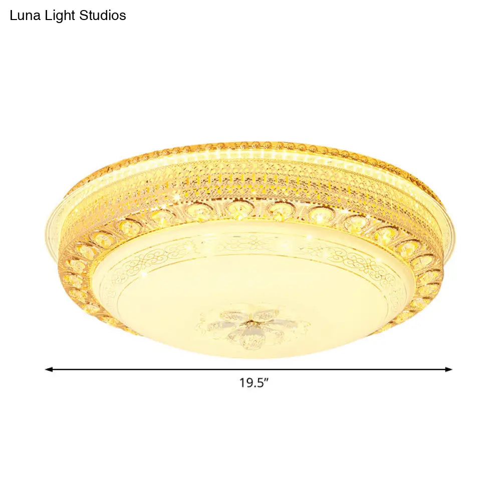 Modern Opal Glass Bowl Flush Light With Led Crystal Accent And Gold Hollow Out Design