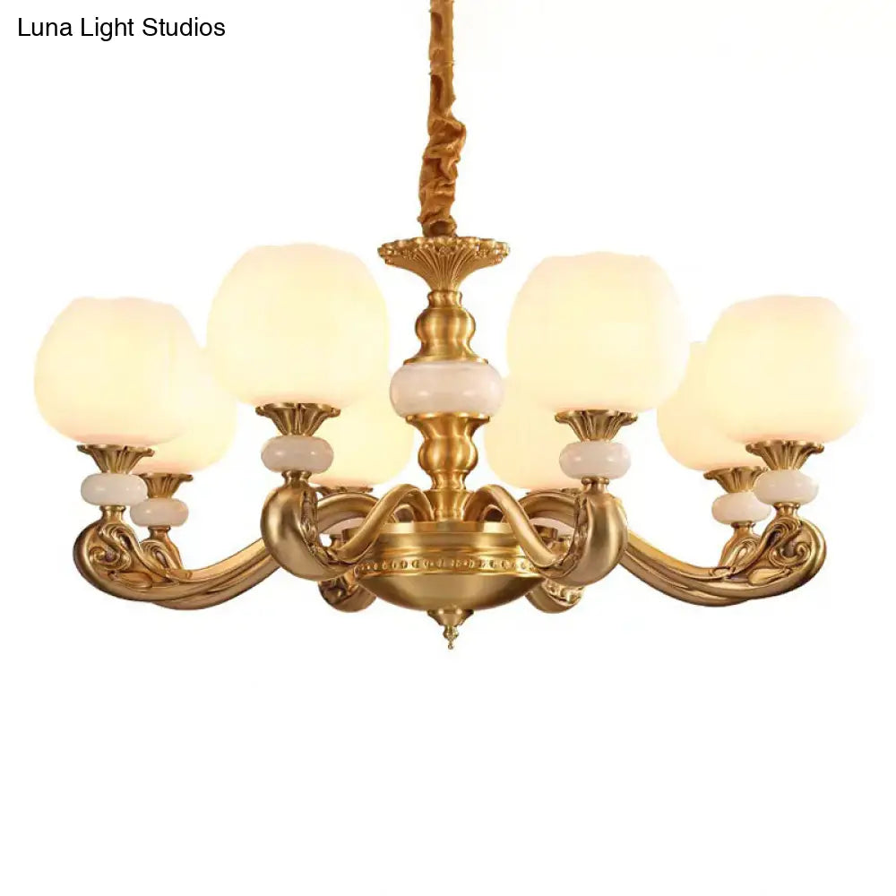 Modern Opal Glass Bud Pendant Chandelier With Brass Suspension And Curved Arm