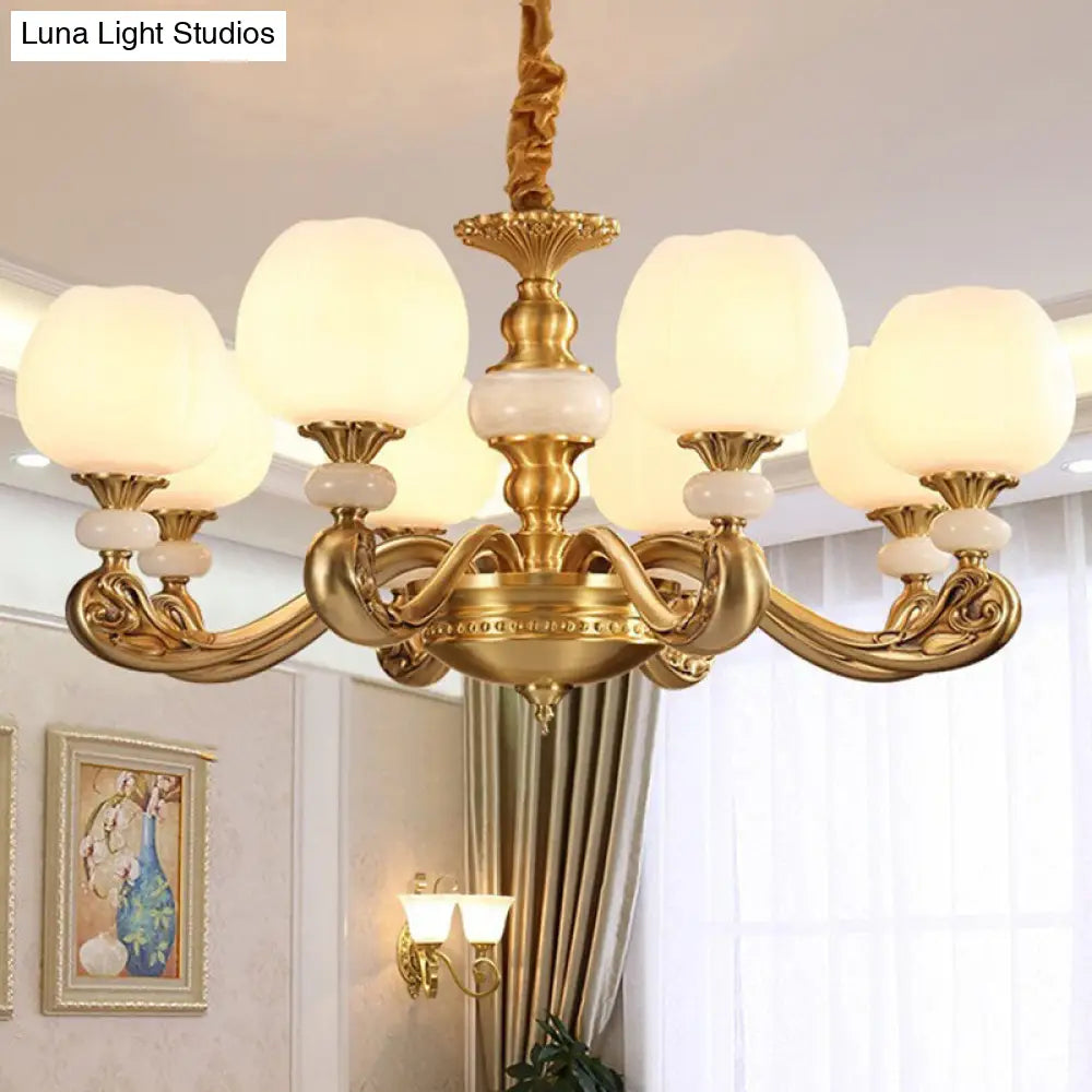 Opal Glass Bud Pendant Chandelier With Brass Suspension - Modern Style And Curved Arm 8 / White