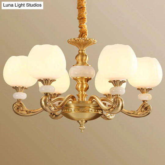 Opal Glass Bud Pendant Chandelier With Brass Suspension - Modern Style And Curved Arm 6 / White