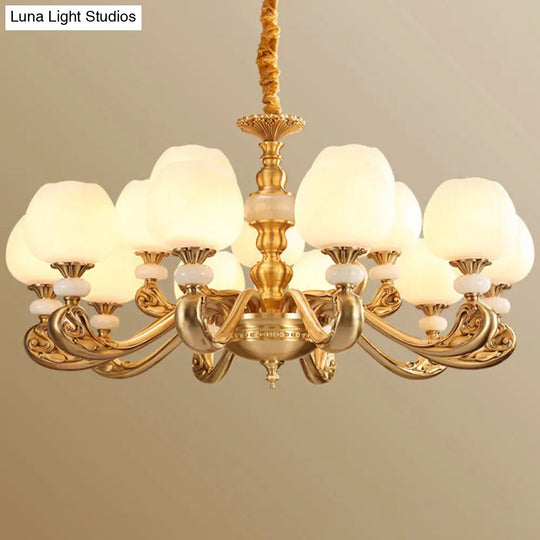 Opal Glass Bud Pendant Chandelier With Brass Suspension - Modern Style And Curved Arm