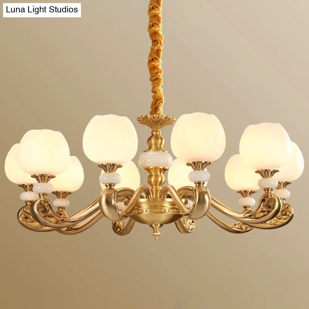 Opal Glass Bud Pendant Chandelier With Brass Suspension - Modern Style And Curved Arm