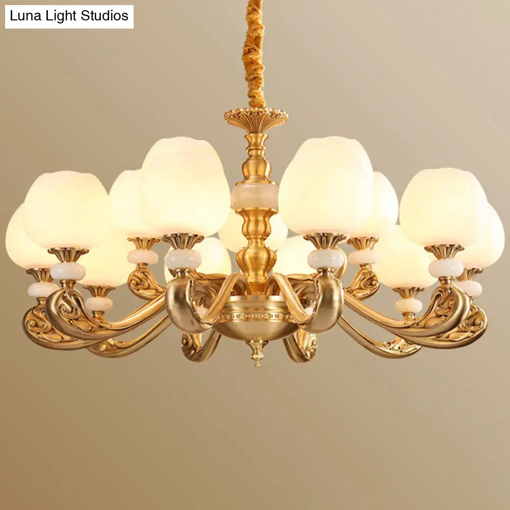 Modern Opal Glass Bud Pendant Chandelier With Brass Suspension And Curved Arm