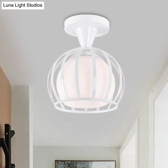 Modern Opal Glass Ceiling Mount Light - Half Globe Semi Flush White With Wire Cage Guard