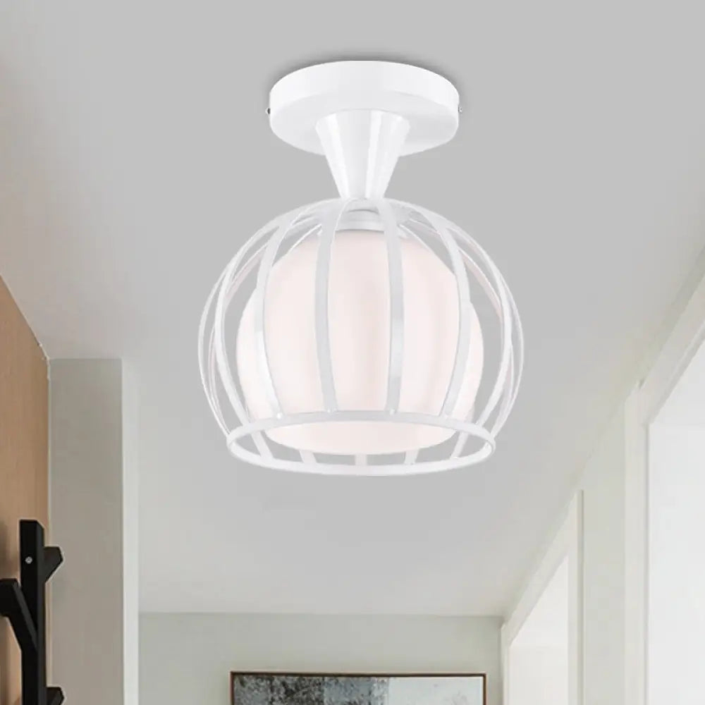 Modern Opal Glass Ceiling Mount Light - Half Globe Semi Flush White With Wire Cage Guard