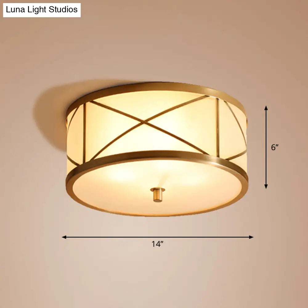 Modern Opal Glass Ceiling Mounted Flushmount With Brass X Brace Fixture - Simplicity Drum Lighting /