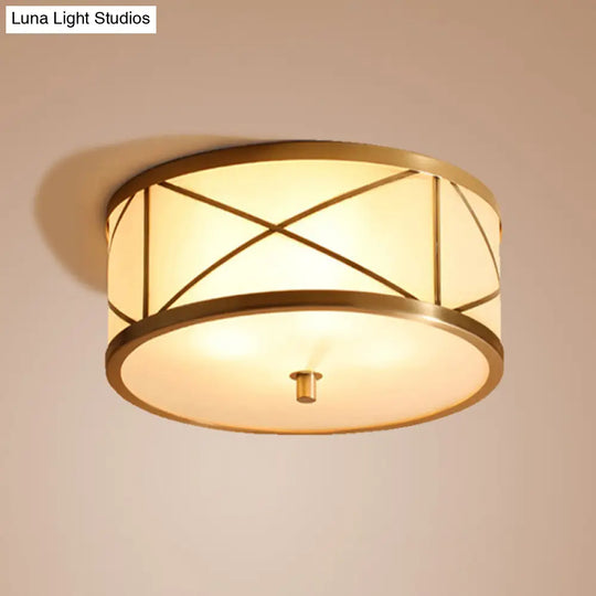 Modern Opal Glass Ceiling Mounted Flushmount With Brass X Brace Fixture - Simplicity Drum Lighting