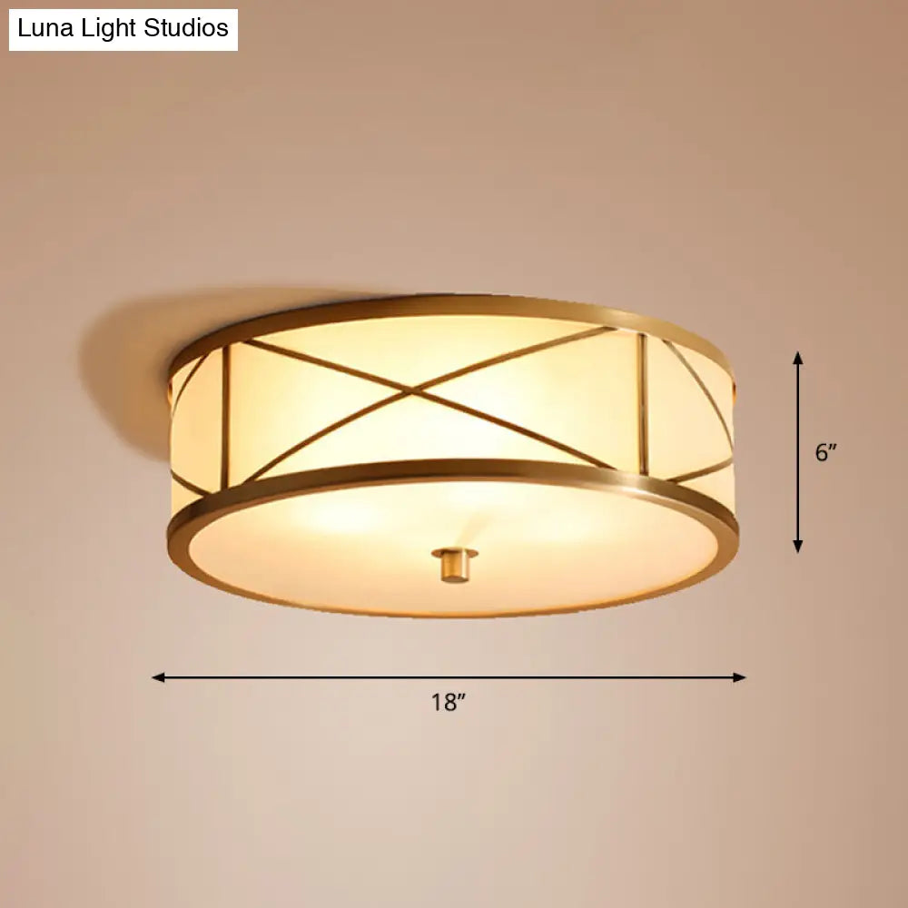 Modern Opal Glass Ceiling Mounted Flushmount With Brass X Brace Fixture - Simplicity Drum Lighting /