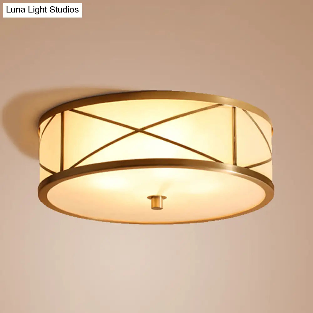 Modern Opal Glass Ceiling Mounted Flushmount With Brass X Brace Fixture - Simplicity Drum Lighting