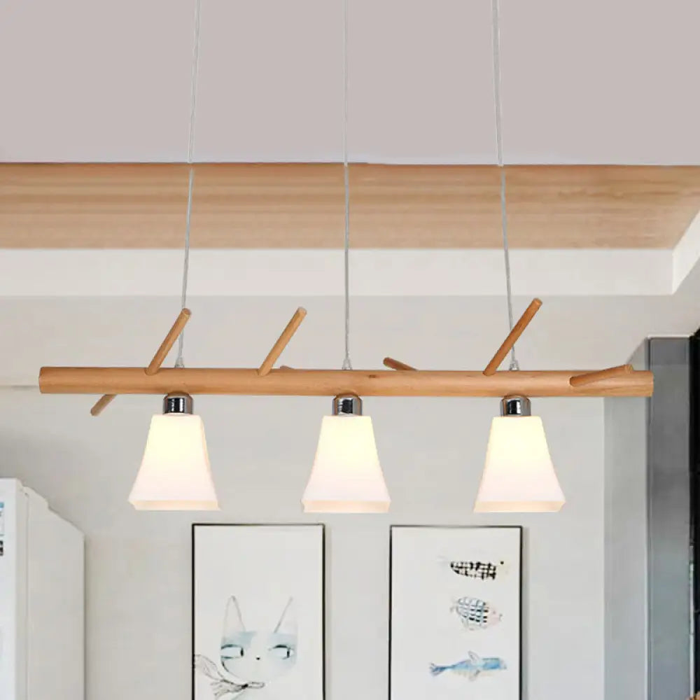 Modern Opal Glass Chandelier With 3-Light Island Lighting In Wood For Dining Room